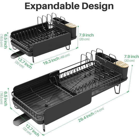 Large Dish Drying Rack - Expandable (19.3" to 29.4") Dish Rack for Kitchen Counter, Stainless Steel Dish Drainer with Utensil Holder, Pan Holder & Pot Lid Holder, Black