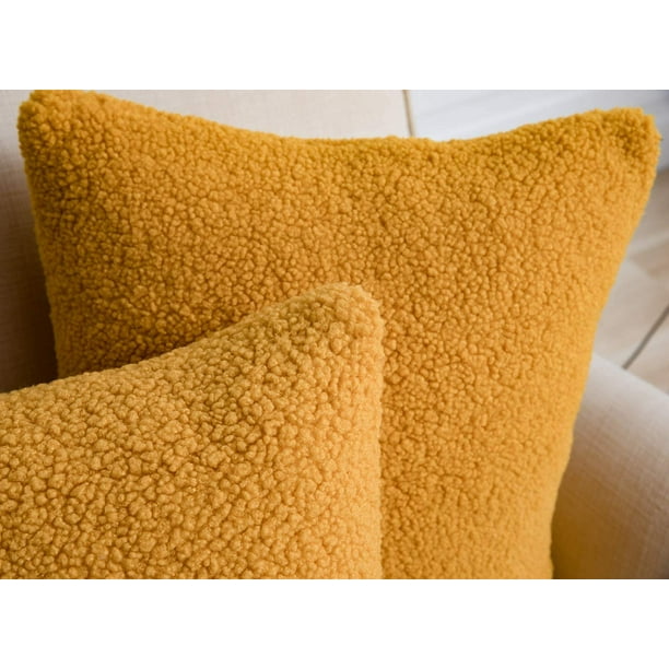 Set of 2 Ochre Yellow Decorative Luxury Faux Curly Wool Fur Pillow Covers 16x16 Inch Soft Wool Square Throw Pillow Cases Cushion Covers for Sofa Couch