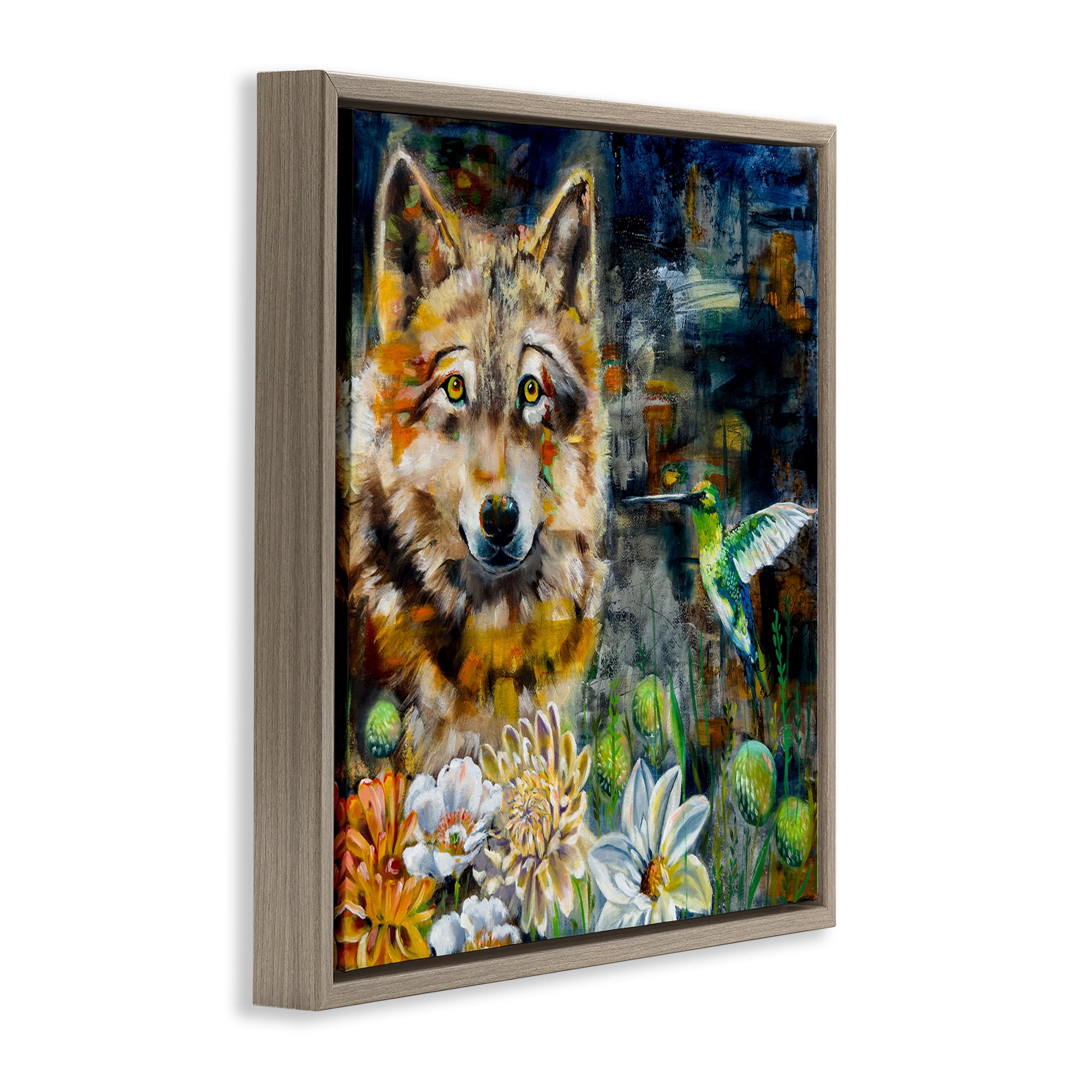 Stupell Industries Beautiful Wolf & Hummingbird Animals Painting Brown Floater Framed Canvas Art Print Wall Art, 25 x 25