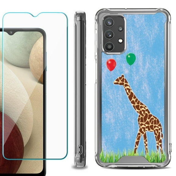 Shockproof Bumper Phone Case for Samsung Galaxy A32 5G, with Tempered Glass Screen Protector, by OneToughShield ® - Giraffe/Balloon
