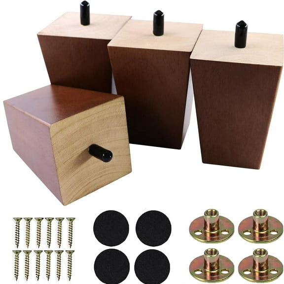 5 Inch Square Wood Sofa Legs - Mid Century Modern Chair & Table Feet (Pack of 4) - Brown Couch Replacement Legs for Dresser, Recliner, Coffee Table, Sideboard - Heavy Duty Furniture Supports