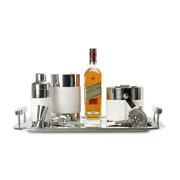 Stainless Steel Deluxe 8 Piece Bar Set, Leather Bar Set
