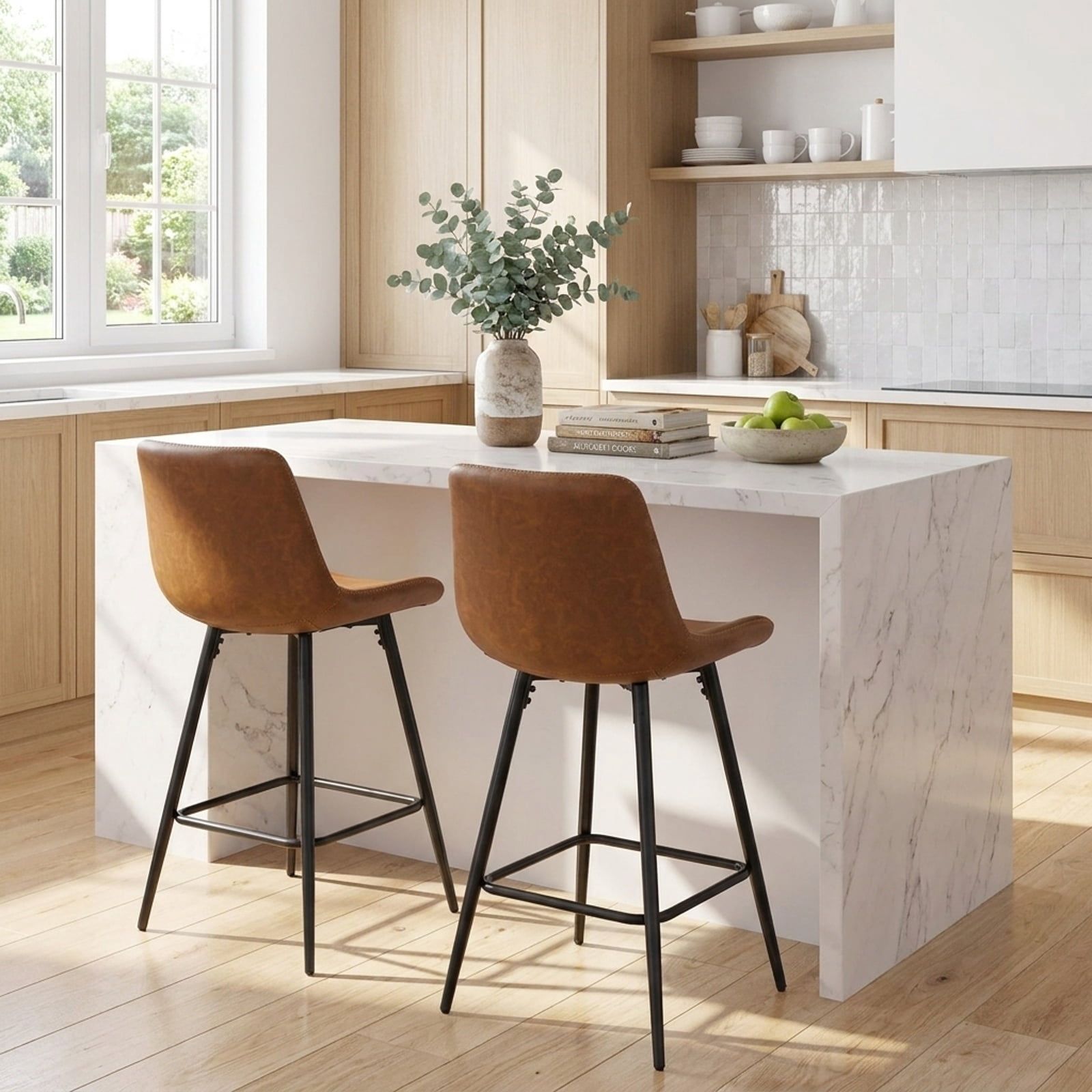Furnibear 24 Inch Bar Stools Set of 2 with Backs and Footrests for Kitchen Island Counter Bar Pub Dining Home, Brown