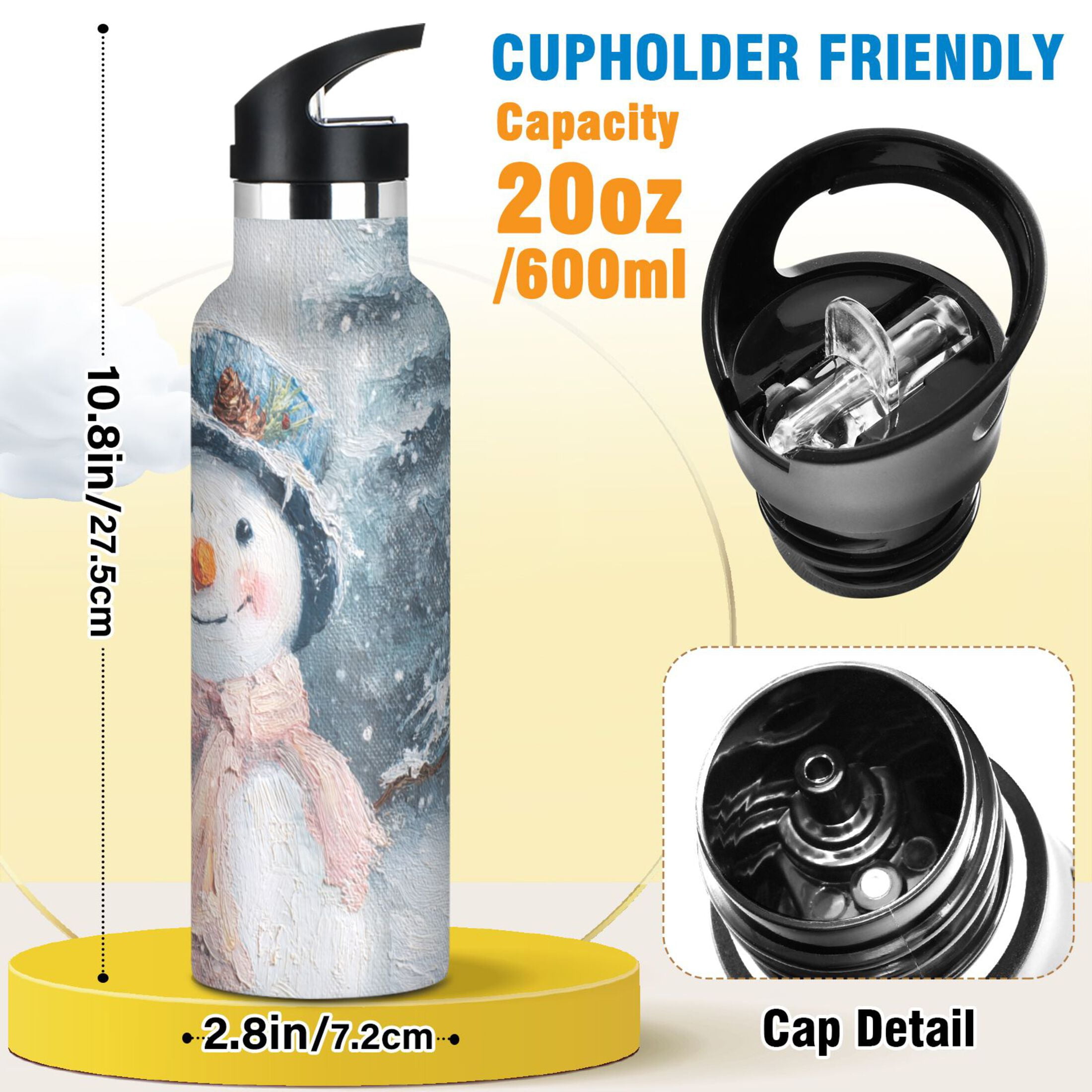 600ML Stainless Steel Insulated Cup Sports Water Bottle Portable Thermos Cup Water Glasses Insulated Tumblers Convenient and Durable Cartoon Beautiful Christmas Snowman