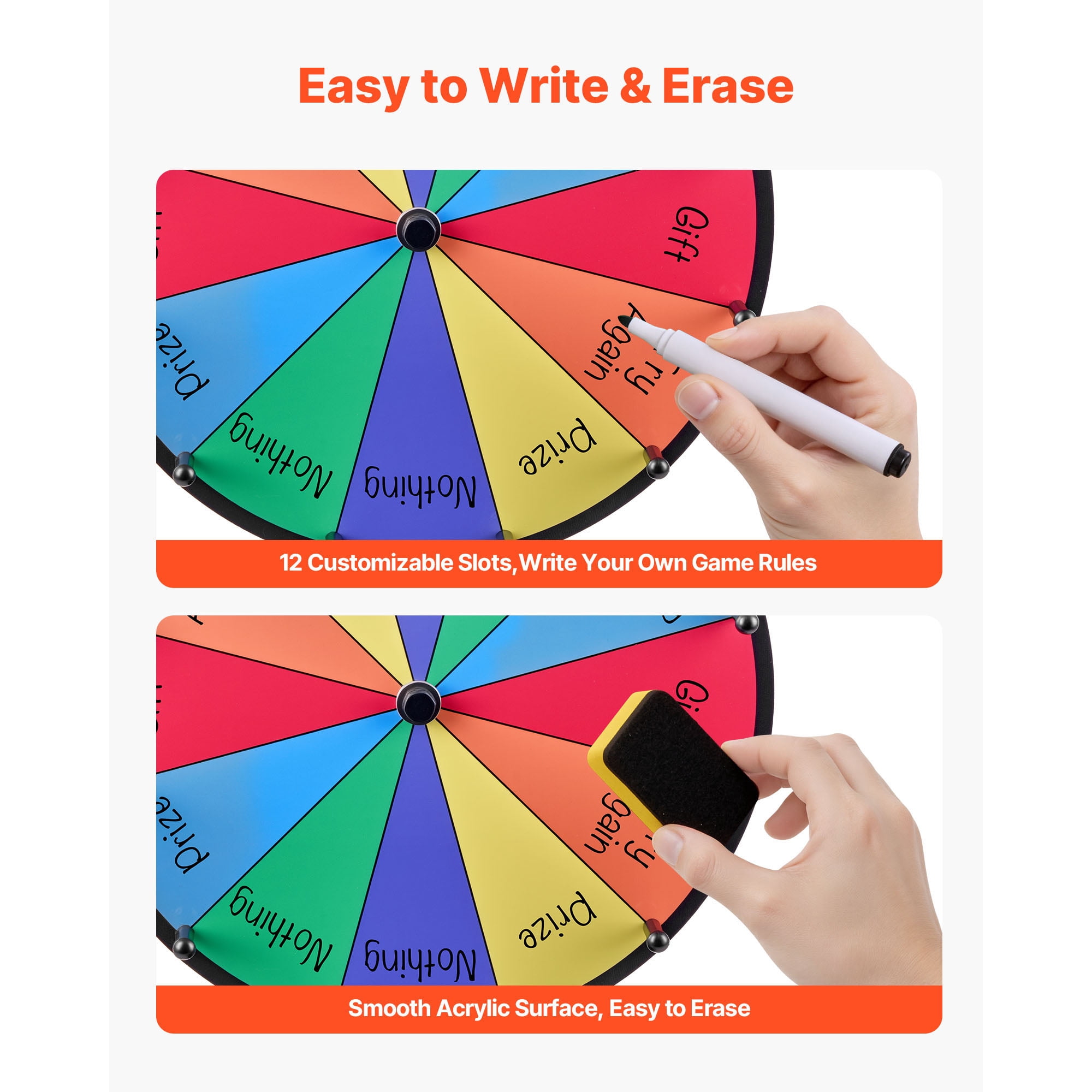 KFFKFF 12-Inch Spinning Prize Wheel with 12 Sections, Tabletop Roulette Game with Dry Erase Surface and Markers, 6-Color Design, Easy to Assemble, Ideal for Parties, Pubs, Trade Shows, and Carnivals