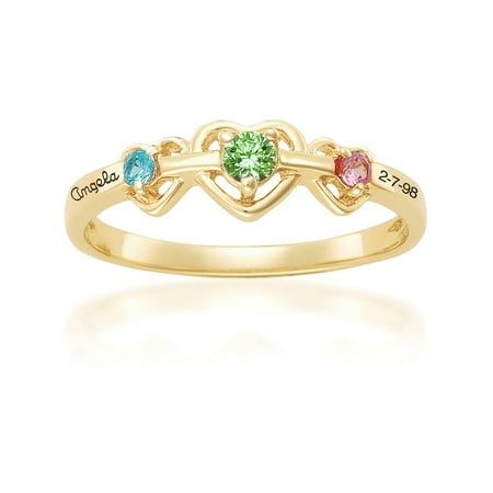 Keepsake - Personalized Family Jewelry Birthstone Triple Heart Mother&amp;#39;s Ring available in Sterling Silver, 10kt Gold Plated,14kt Gold Plated