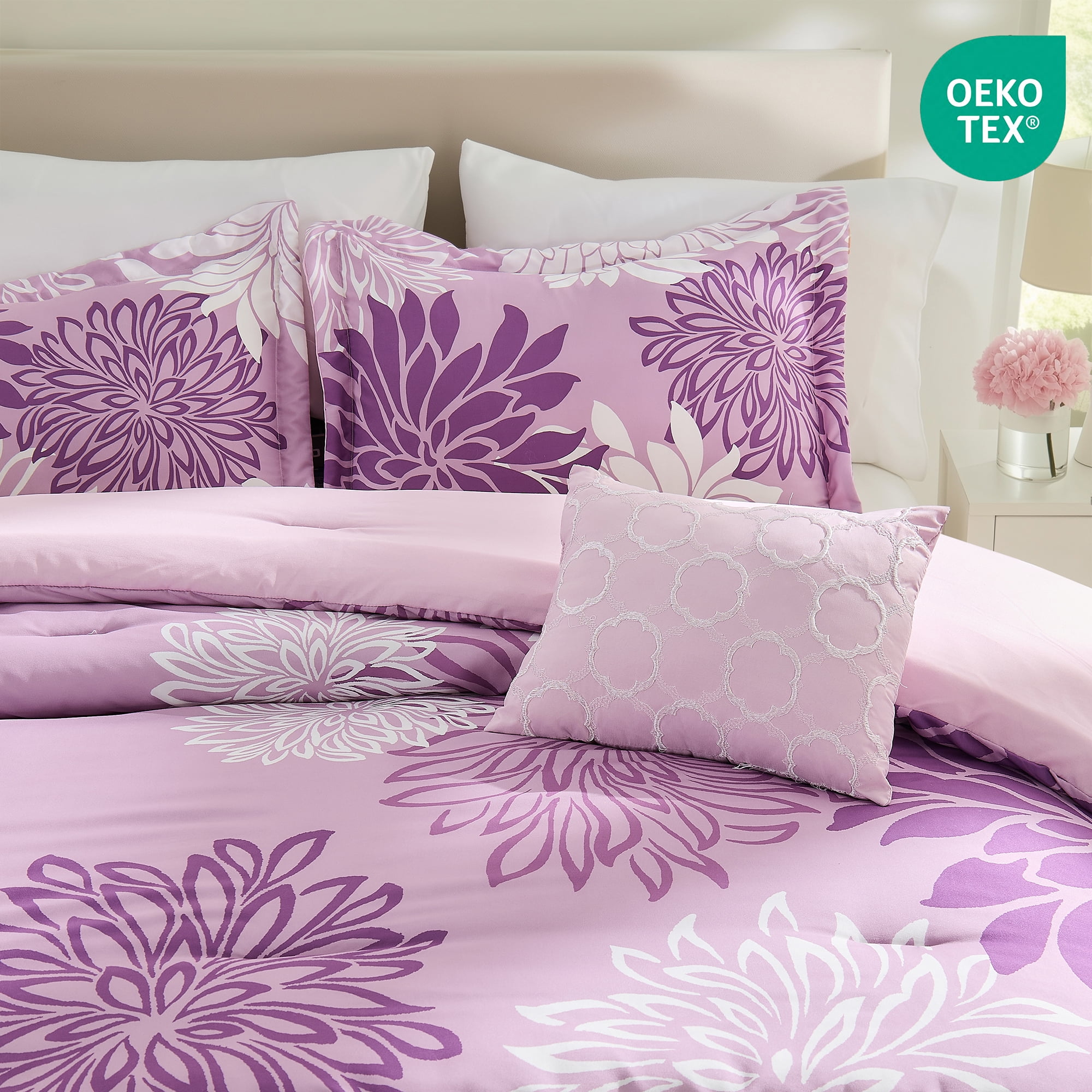 Regency Heights King Size Comforter Set, 5-Piece Floral Bedding Set for All Season, Purple Comforter Set King with Bed Skirt