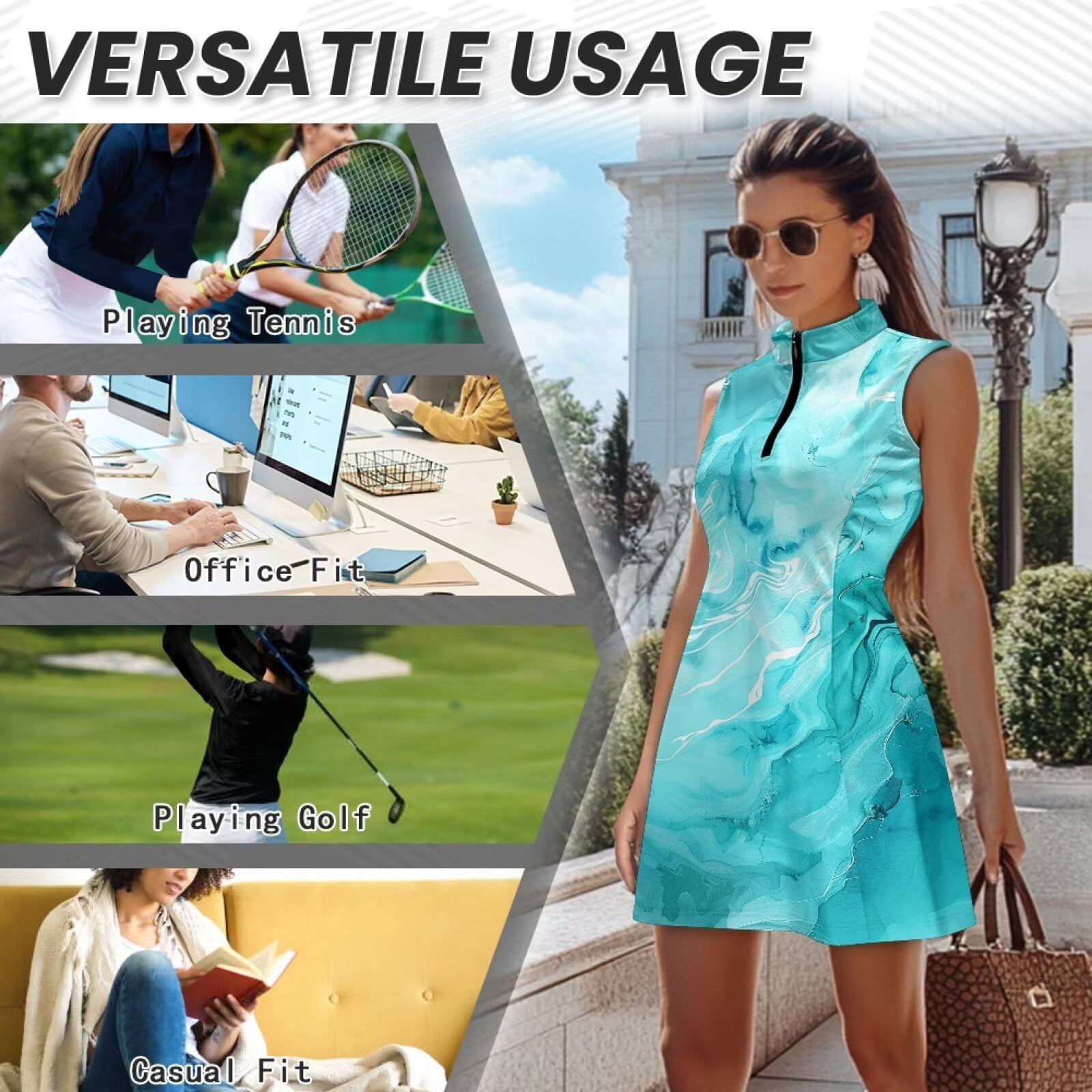 Uorisanigo Blue Marble Pattern Womens Sleeveless Golf Tennis Dresses Relaxed Workout Active Athletic Dresses with Shorts 1/4 Zipper Outing Wear for Women