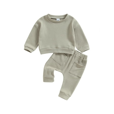 

Acuteok Infant Baby Waffle Fall Outfits Solid Color Long Sleeve Sweatshirt Tops Pants Set Fall Winter Clothes