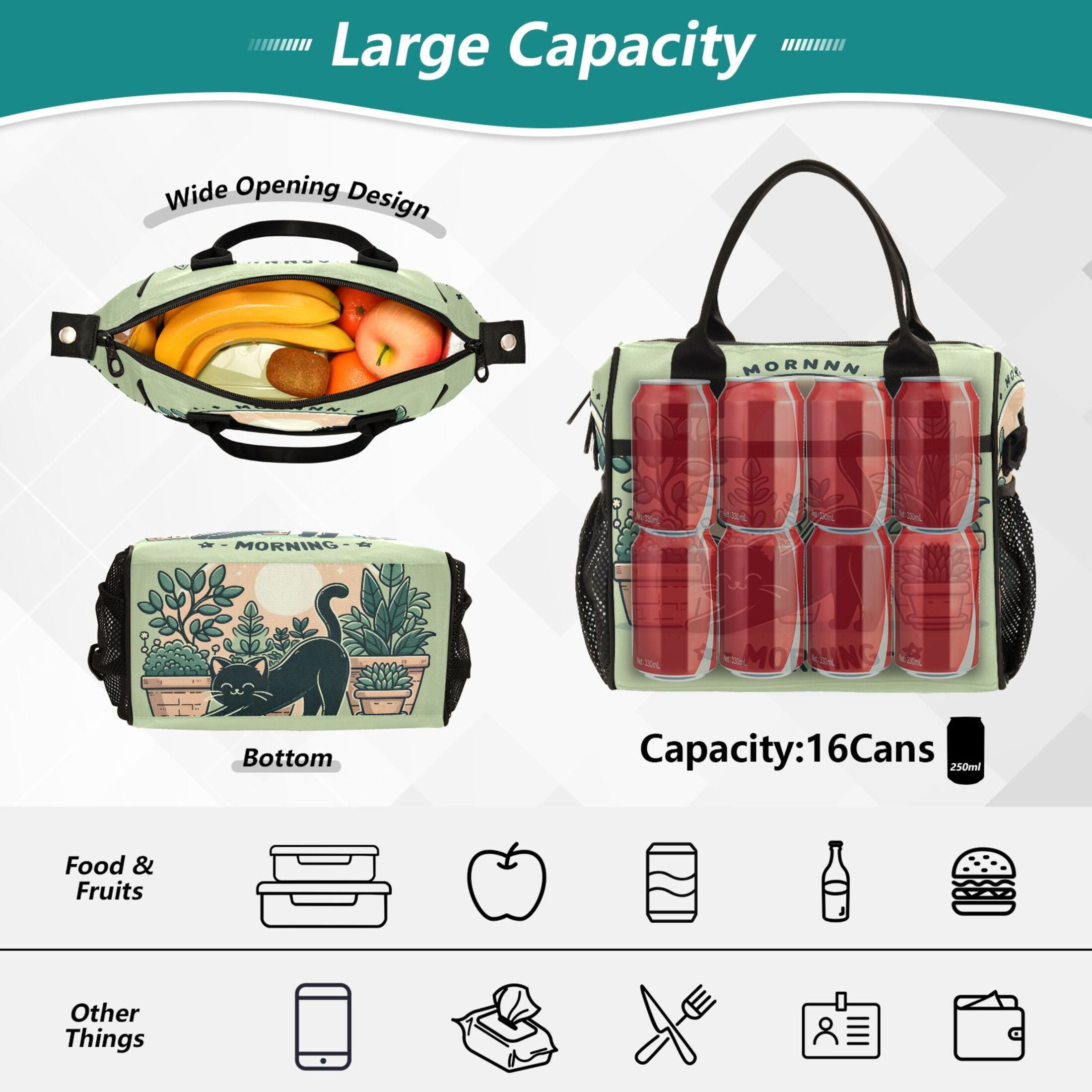 ALAZA Morning Black Cat Insulated Lunch Bag Reusable Tote Box Adjustable Shoulder Strap for Work Picnic