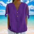 thumbnail image 5 of Cmfcve Woman Gauze Top Women's Cotton Linen Short Sleeve Tie Button Henley Blouse V-Neck Loose Lightweight Summer Casual Tee Shirt, 5 of 7
