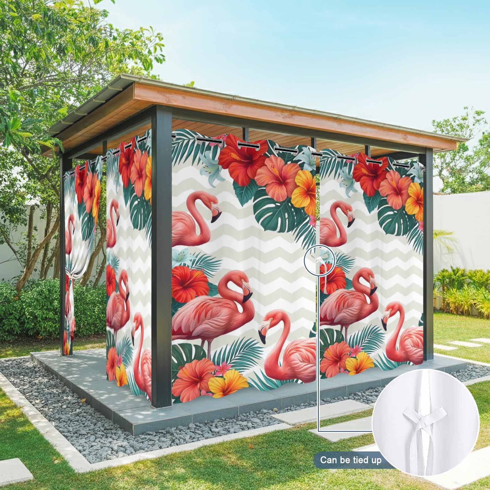 Pink Flamingos Outdoor Curtains for Patio, Summer Red Hibiscus Flower Tropical Plant Wave Stripes Sunshade Privacy Drapes Grommet Waterproof Outside Curtains for Porch Balcony 54"x108", 1 Panel