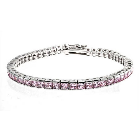 Channel Set Bracelet - Pink Princess Cut Channel Setting Tennis Bracelet For Women Square Cubic Zirconia Rhodium Sterling Silver 7 Inch