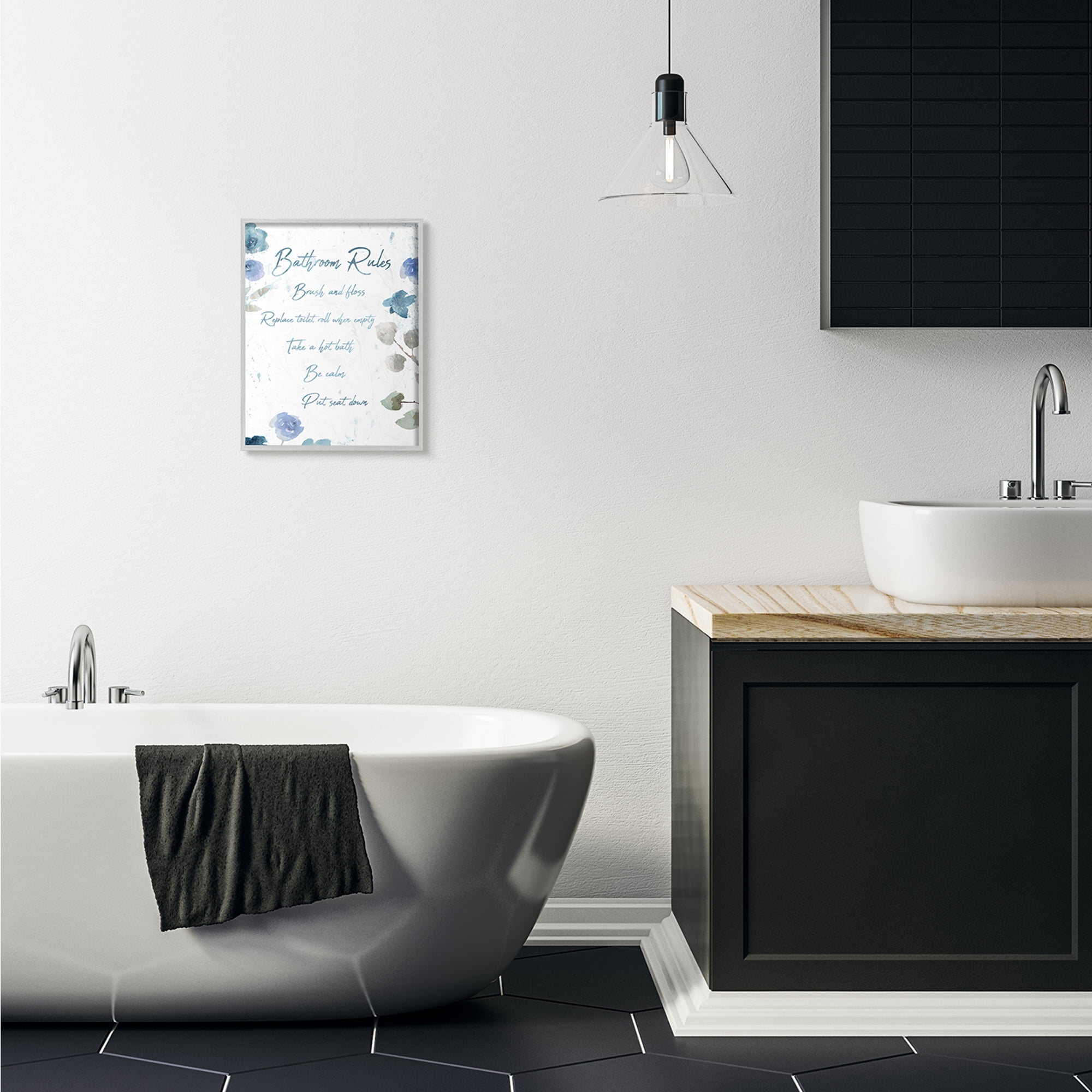 Stupell Industries Bathroom Rules Watercolor Flower Word Design Gray Framed Art Print Wall Art, 16x20, by Milli Villa