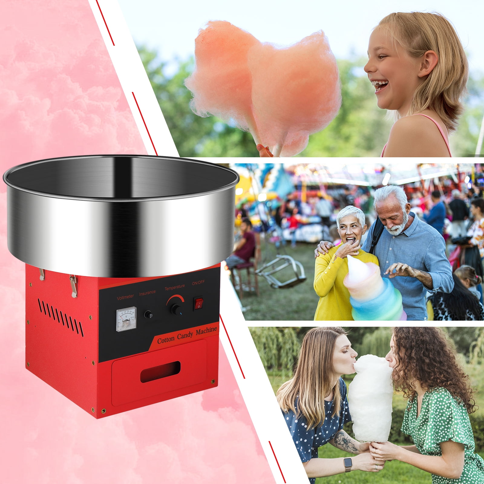 ROVSUN Cotton Candy Machine Maker 21 Inch Stainless Steel Bowl, Electric Candy Floss Maker Machine w/Sugar Scoop and Large Storage Drawer for Commercial Home Party Carnival, Red