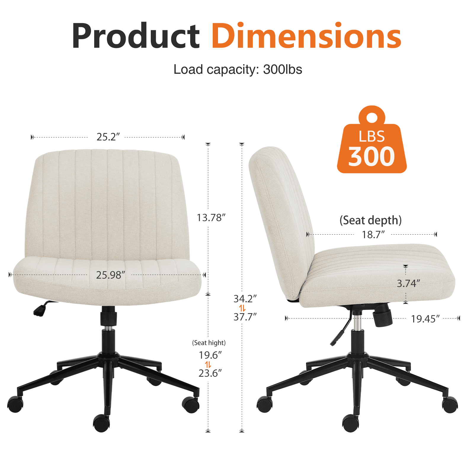 MAYEERTY Office Desk Vanity Chair Cross Legged Armless Swivel Fabric Height Adjustable Wide Seat with Replaceable Wheels/Fixed Base, Comfy Task Chair Padded