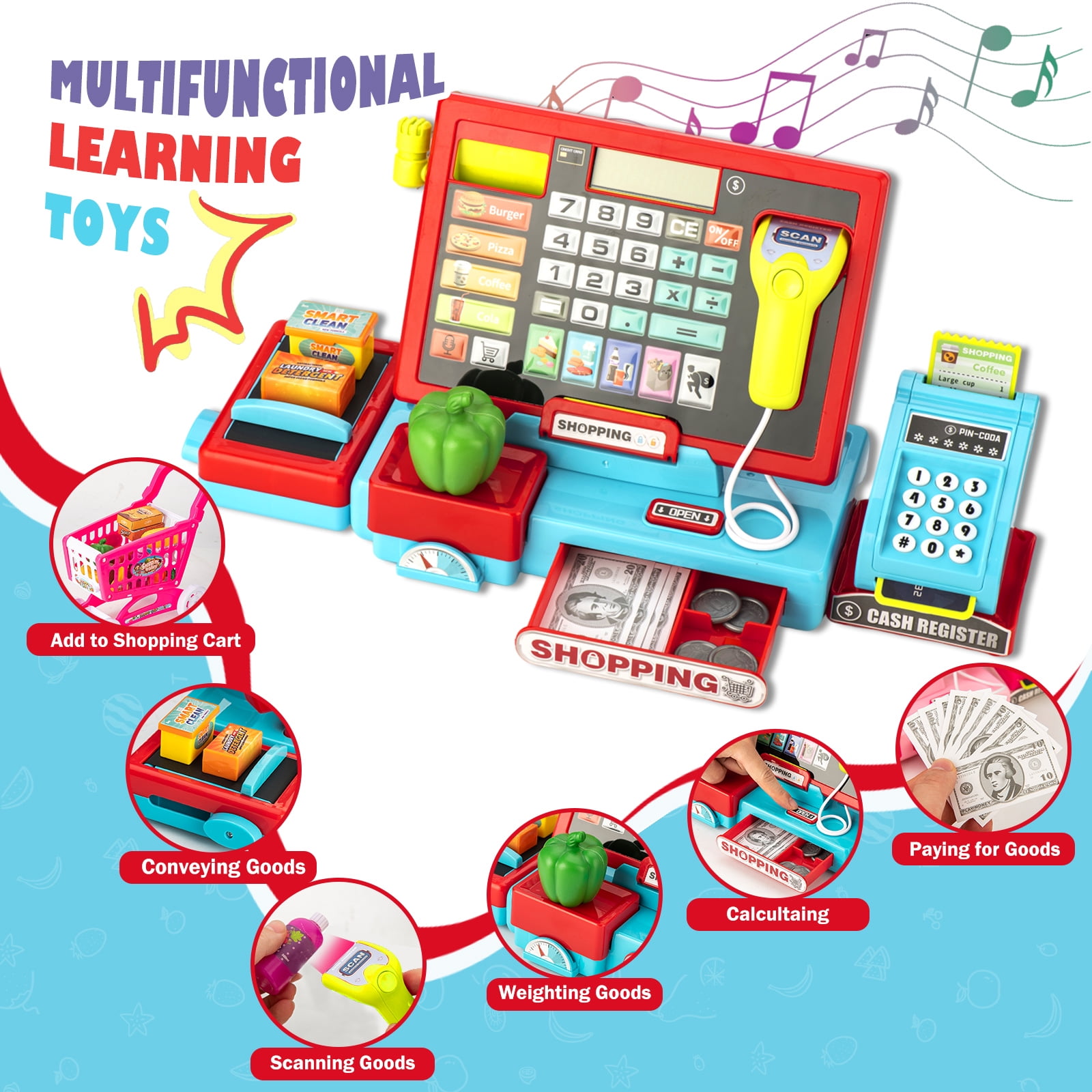Interactive Kids Cash Register with Real Calculator & Scanner | Pretend Play Store with Music, Food & Shopping Cart | Educational Toy Gift for Ages 3-8 (Red & Blue)
