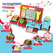 Interactive Kids Cash Register with Real Calculator & Scanner | Pretend Play Store with Music, Food & Shopping Cart | Educational Toy Gift for Ages 3-8 (Red & Blue)