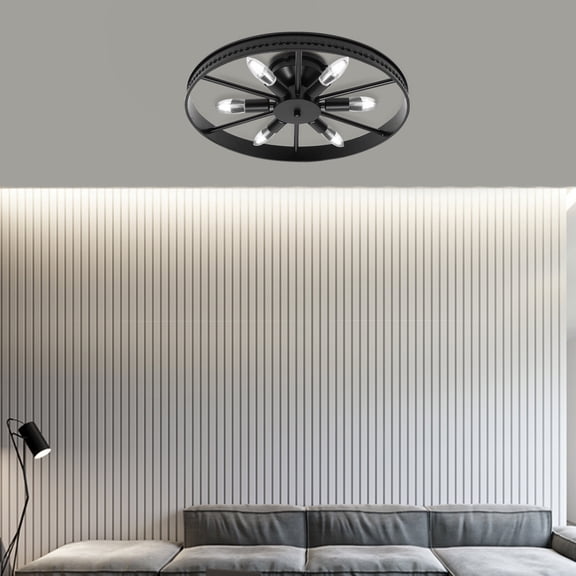 1 PCS  Industrial Wagon Wheel Chandelier 6 Lights Flush  Mount Ceiling Light Fixture Voltage: 110v/60Hz Black