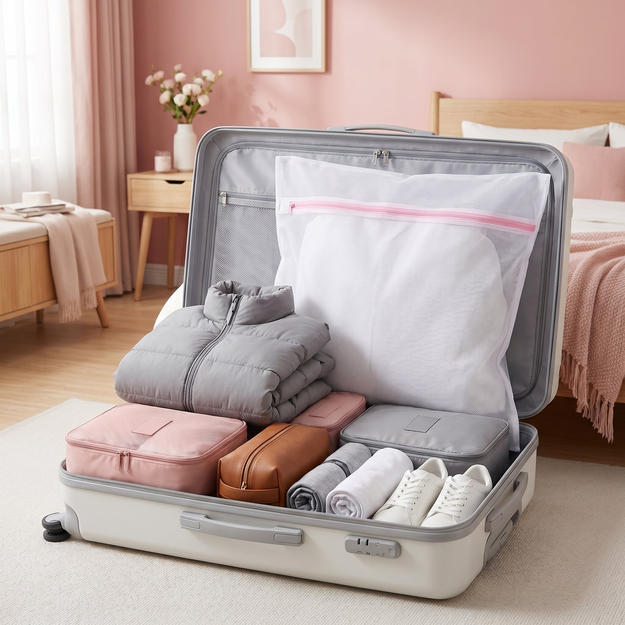 Unique Bargains 3Pcs Durable Mesh Zipper Closure Laundry Bag White-Pink 19.7" x 23.6"