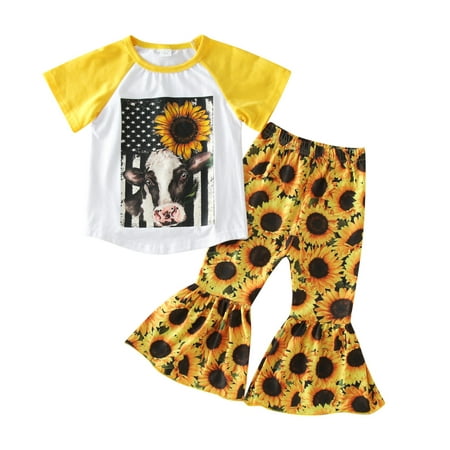 

Baby Girls Outfits Sets Sunflower Printed Short Sleeve Top Pants Flared Kids Children Spring Summer Cute Fashion Leisure Outwear Suit