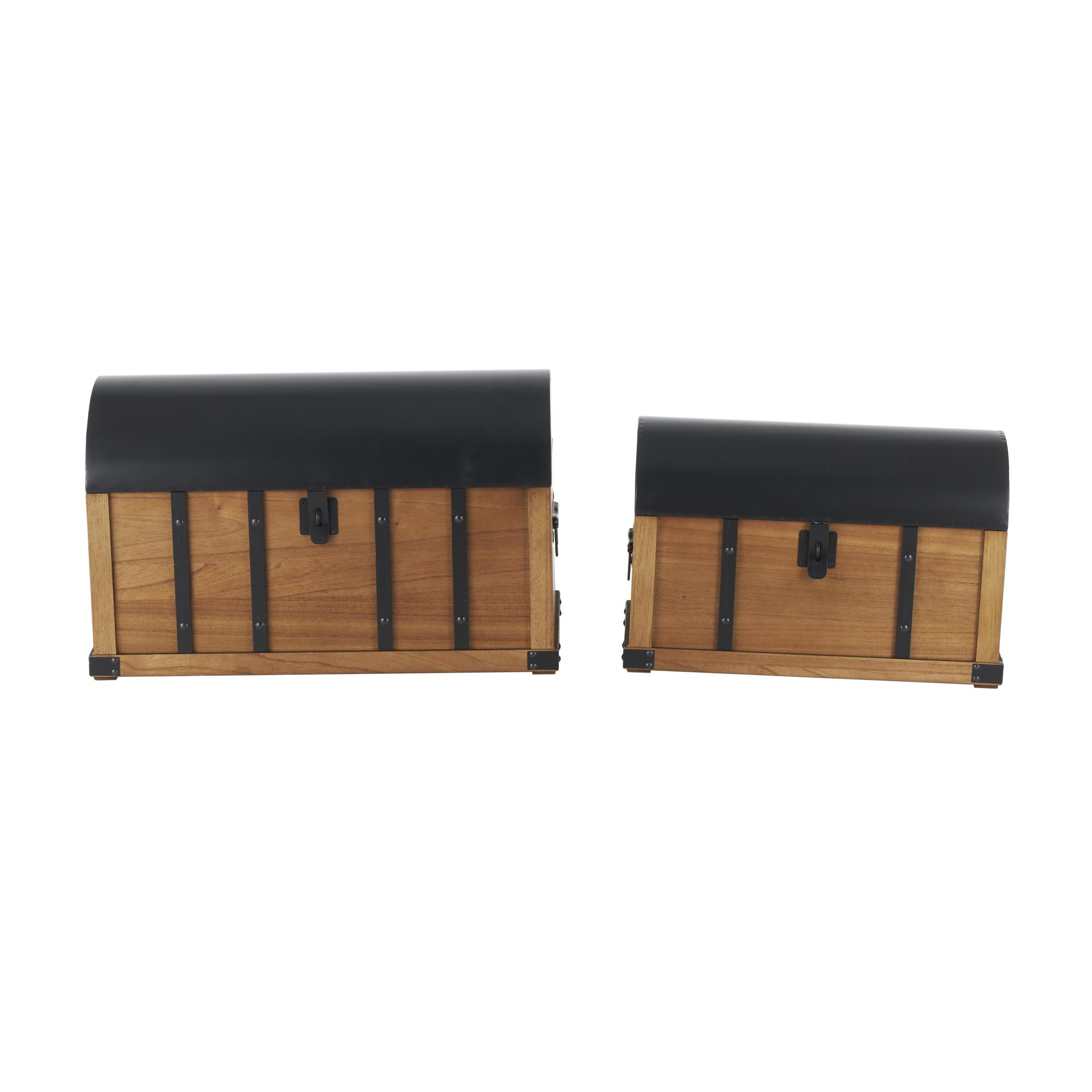 DecMode 24" x 15" Brown Wooden Studded Storage Trunk with Black Metal Arched Tops and Vertical Strips, 2-Pieces