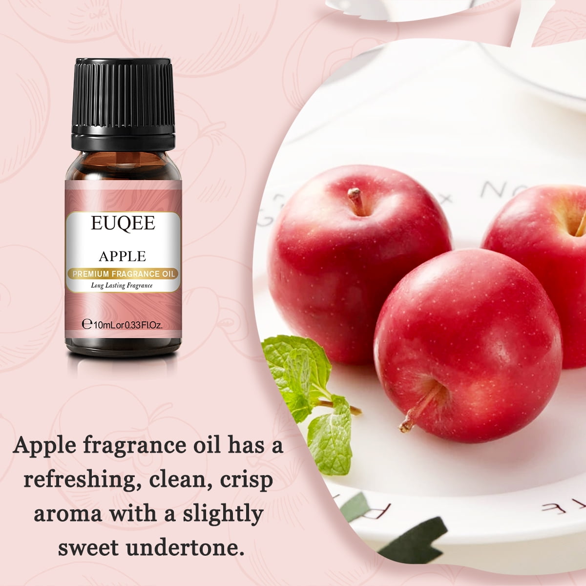 Glass bottle of apple essential oil near fresh apples on a wooden table.  Essential oil is used to fill lamps, perfumes and in cosmetics. Stock Photo