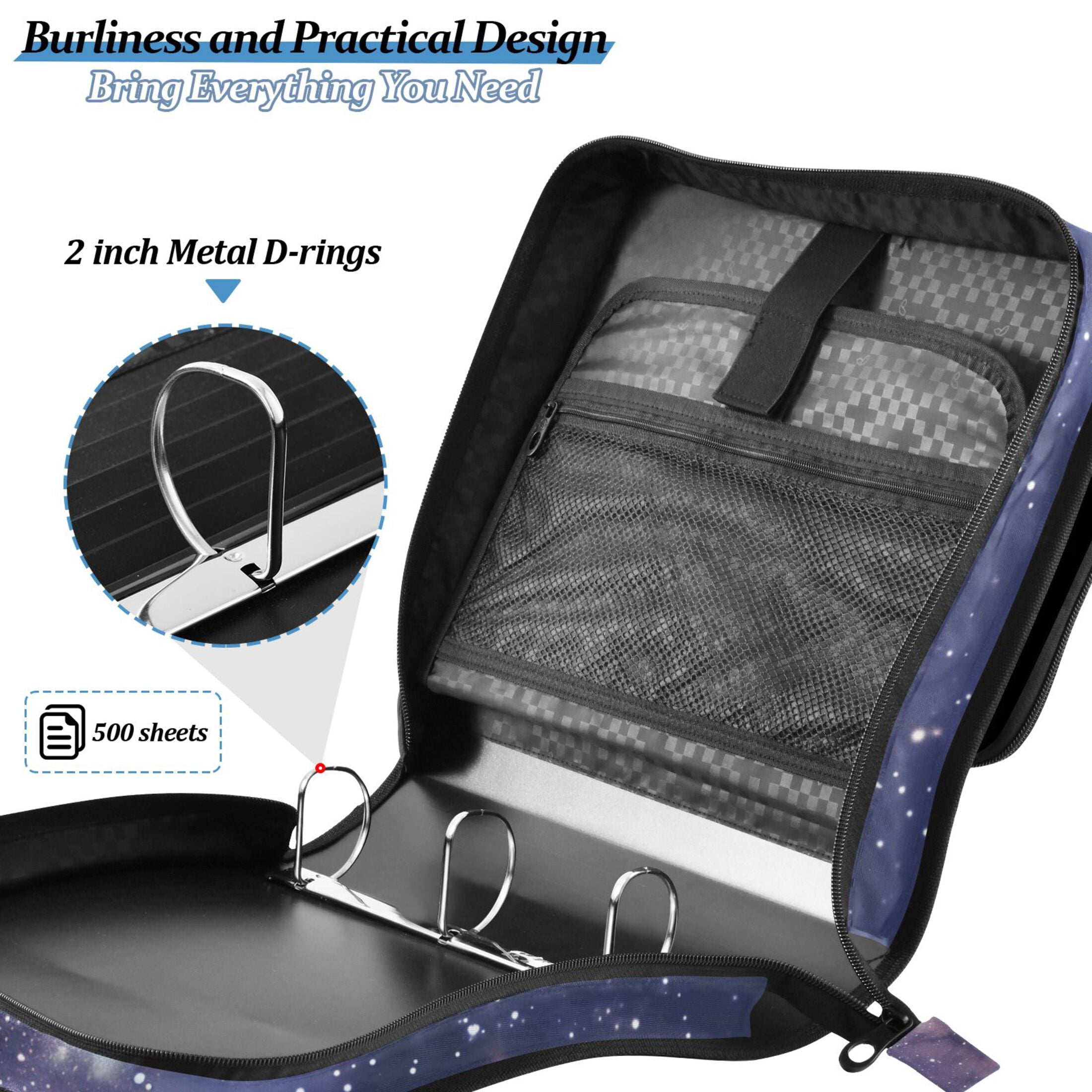 3 Ring Zipper Binder with Shoulder Strap Waterproof Trapper Keeper 2 Inch D-Ring 500 Sheets Capacity Beautiful Milky Way