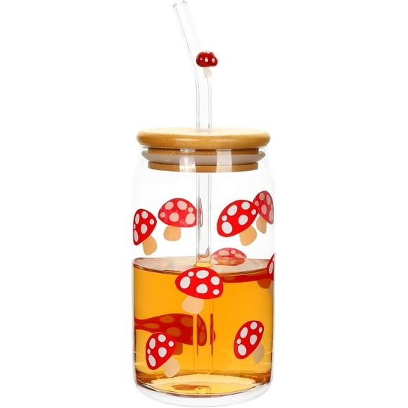 czcpp-Mushroom Cup - 16oz Mushroom Glass Cup with Bamboo Lid and Straw, Mushroom Things Cute Mushroom Stuff, Mushroom Drinking Cup Coffee Tea Soda Mug Tumbler, Mushroom Gifts for Women Mushroom Lover