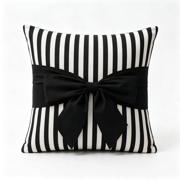 Black White Stripe Halloween Pillow with Black Bow, Gothic Halloween Decorative Throw Pillow With Zipper Closure, Square Accent Cushion for Sofa Couch Home Halloween Decoration