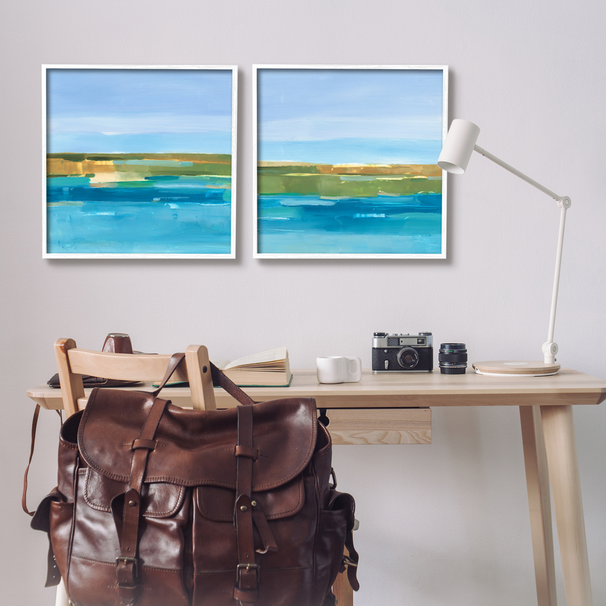 Stupell Industries Abstract Ocean Landscape Abstract Painting White Framed Art Print Wall Art, 24 x 24, Set of 2