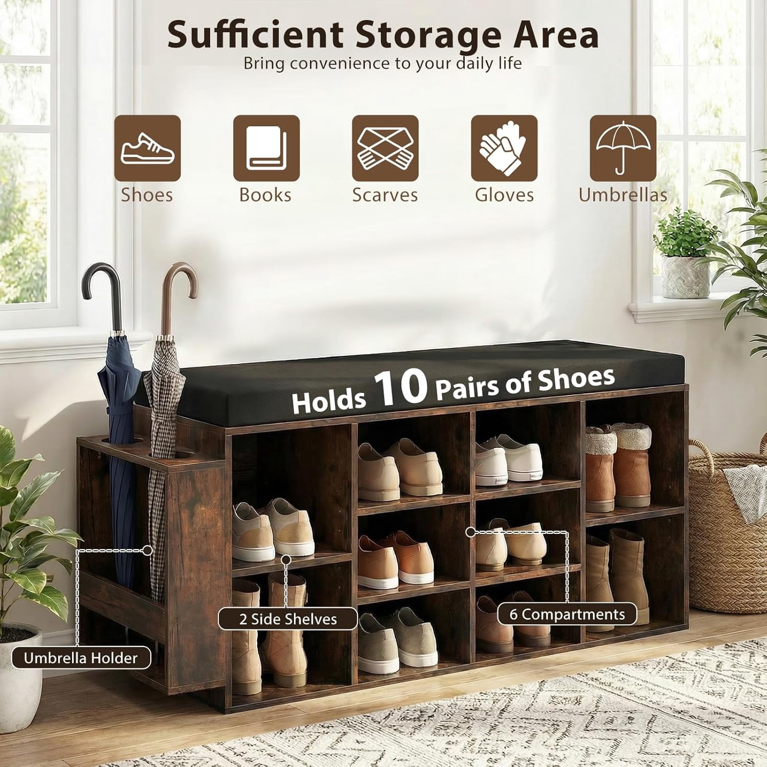 Shoe Storage Bench with Umbrella Holder, 40" Shoe Organizer with Cushioned Seat, 10 Cubbies & Adjustable Shelves, Wooden Industrial Shoe Rack for Entryway, Living Room, Bedroom