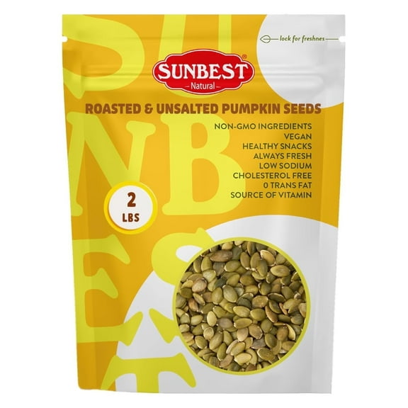 Sunbest Natural Dry Roasted Pumpkin Seeds, Unsalted Pepitas – 2 lb Bulk Bag – Nutrient-Rich, Non-GMO, Vegan, Kosher – Healthy Pumpkin Seeds to Eat, Perfect for Snacking, Cooking & Baking
