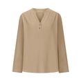 thumbnail image 4 of Women Casual Linen Shirt Long Sleeve Button V-Neck Fall Top Solid Color Loose Lightweight Lounge Tee Shirts 2025 (Khaki XL), 4 of 6