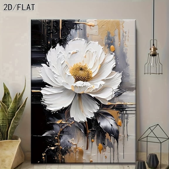 [Atmospheric White Flower] 2D Floral Canvas Wall Art | High-definition Printed, Thick Textured, Black and White Golden Abstract, Three-dimensional Floral Texture, Modern Hanging Painting