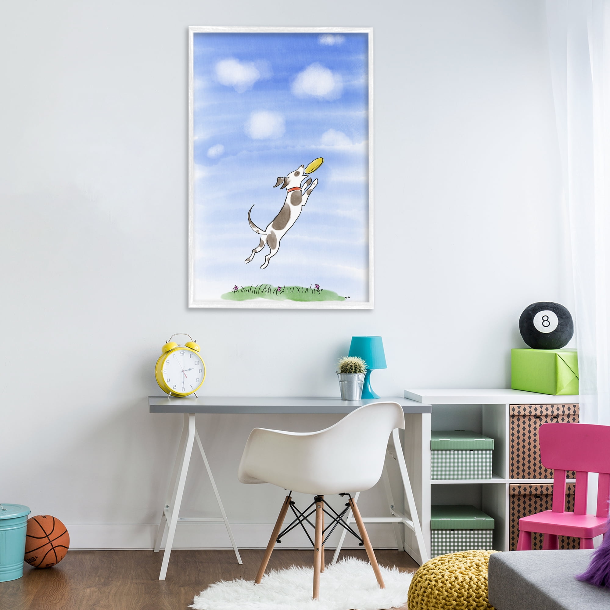 Stupell Industries Dog Catching Frisbee White Framed Giclee Art, design by Patti Mann