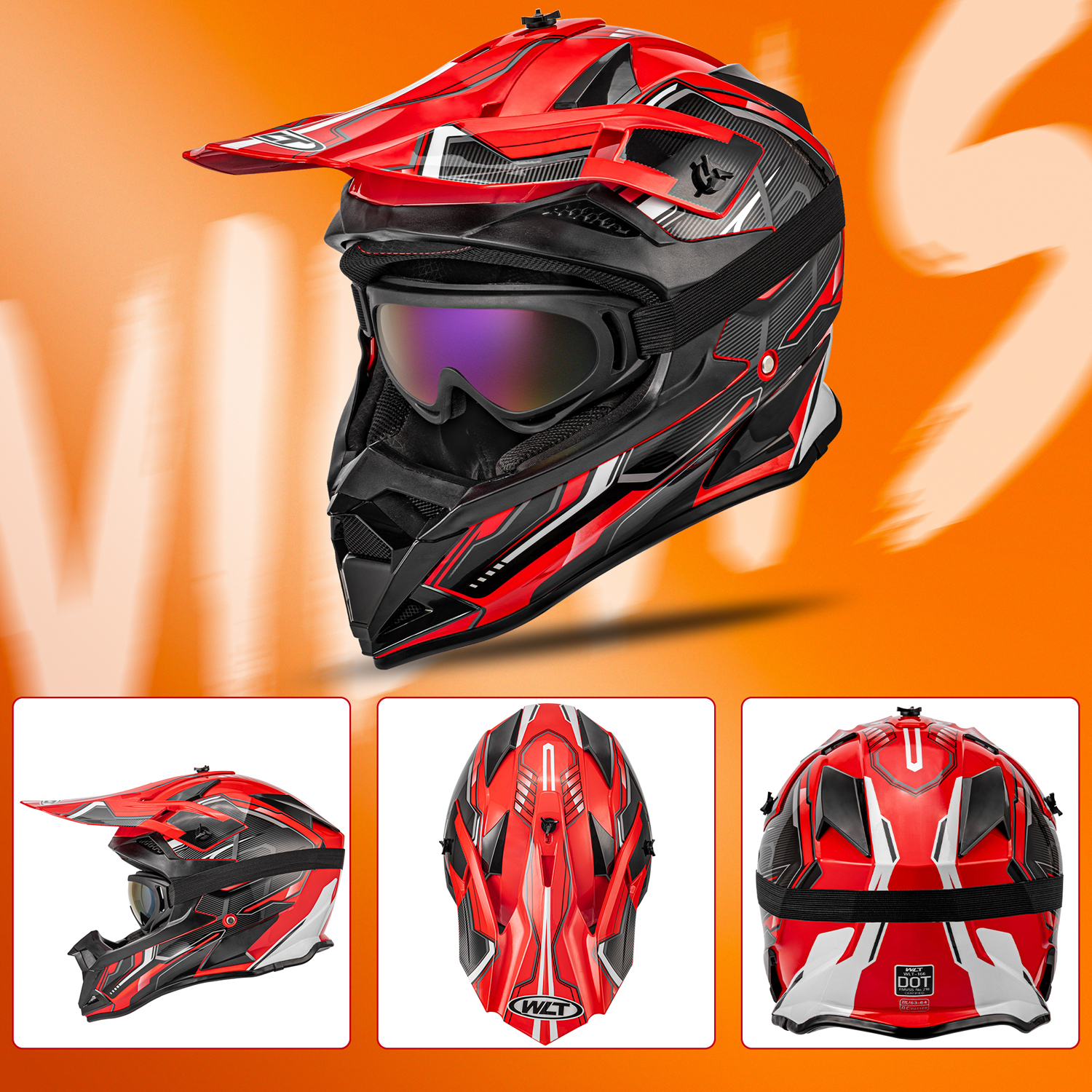 Oumurs Motocross, Off-Road Dirt Bike Helmet, Open Face, Outdoor Motorcycle BMX MX Helmet, Red, Unisex Adult XL with Goggles, Gloves, Mask
