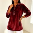 thumbnail image 4 of Hurxie Women's Fleece Shirt Solid Color Crew Neck Sweater, Loose Button Pullover Long-Sleeved Sweater Shirt Wine,L, 4 of 5