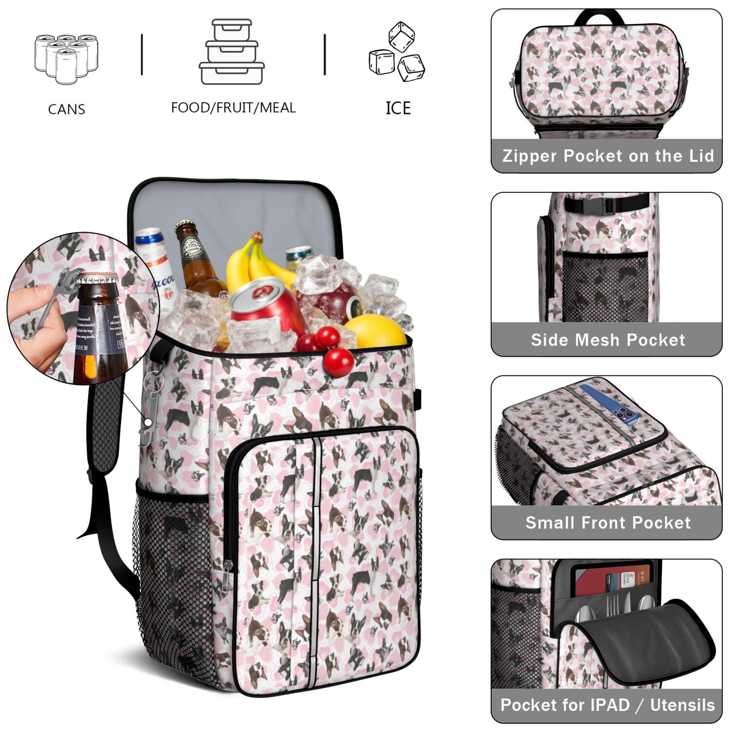 Travel Cooler Bag - Cute Boston Terrier Dog and Pink Love Heart Camping Beer Cooler Backpack with Bottle Opener- Waterproof Insulated Picnic Backpacks - Cooler Bag for Beach