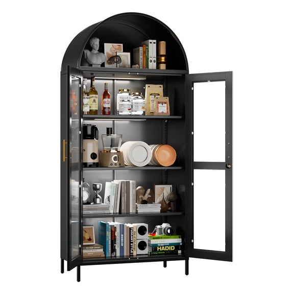 AOBABO 78.74" H Metal Arched Cabinet with Lock and LED Light Strip, Metal Display Cabinet with Glass Doors and Adjustable Shelves,Black