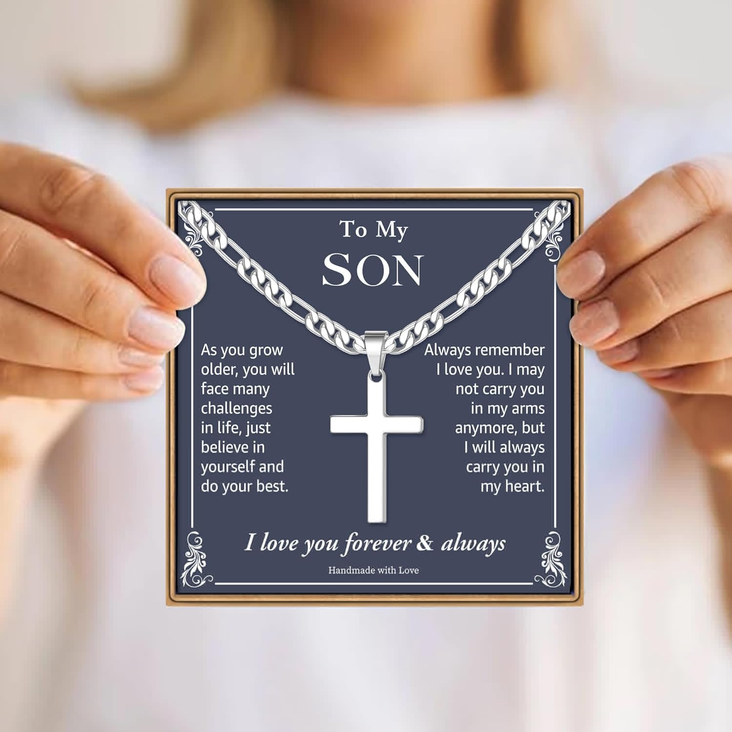 thumbnail image 4 of Turandoss Grandson Gifts NecklaceSilver Figaro Chain Cross Necklace for Men Necklaces Jewelry Grandson Gifts from Grandma Christian Fathers Day Birthday Graduation Gift for Men Him, 4 of 8