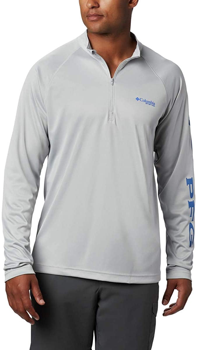 Columbia Men's PFG Terminal Tackle 1/4 Zip Pullover - Tall , Cool Grey, Vivid Blue Logo, 2X/Tall 