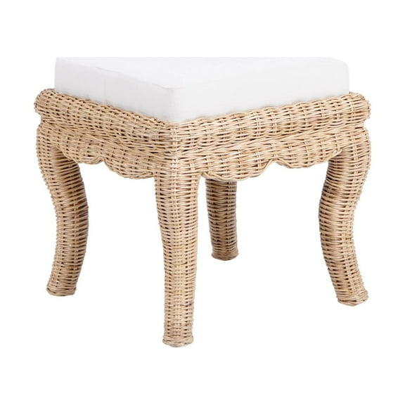 Rowan 19.7" Bohemian Designer Woven Rattan/Wood Vanity Stool, White Cushion with Natural Frame