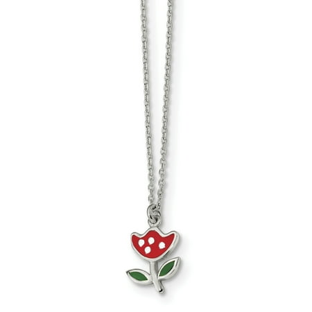 925 Sterling Silver Enameled Red Flower 14 Inch Chain Necklace Pendant Charm