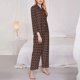 thumbnail image 3 of Fotbe Brown Gold Grid Conjunto de Pijama de Manga Larga para Mujer con Estampado, Ropa de Dormir de 2 Piezas, Conjunto de Casa Suave y Cómodo con Bolsillos-Medium, 3 of 7