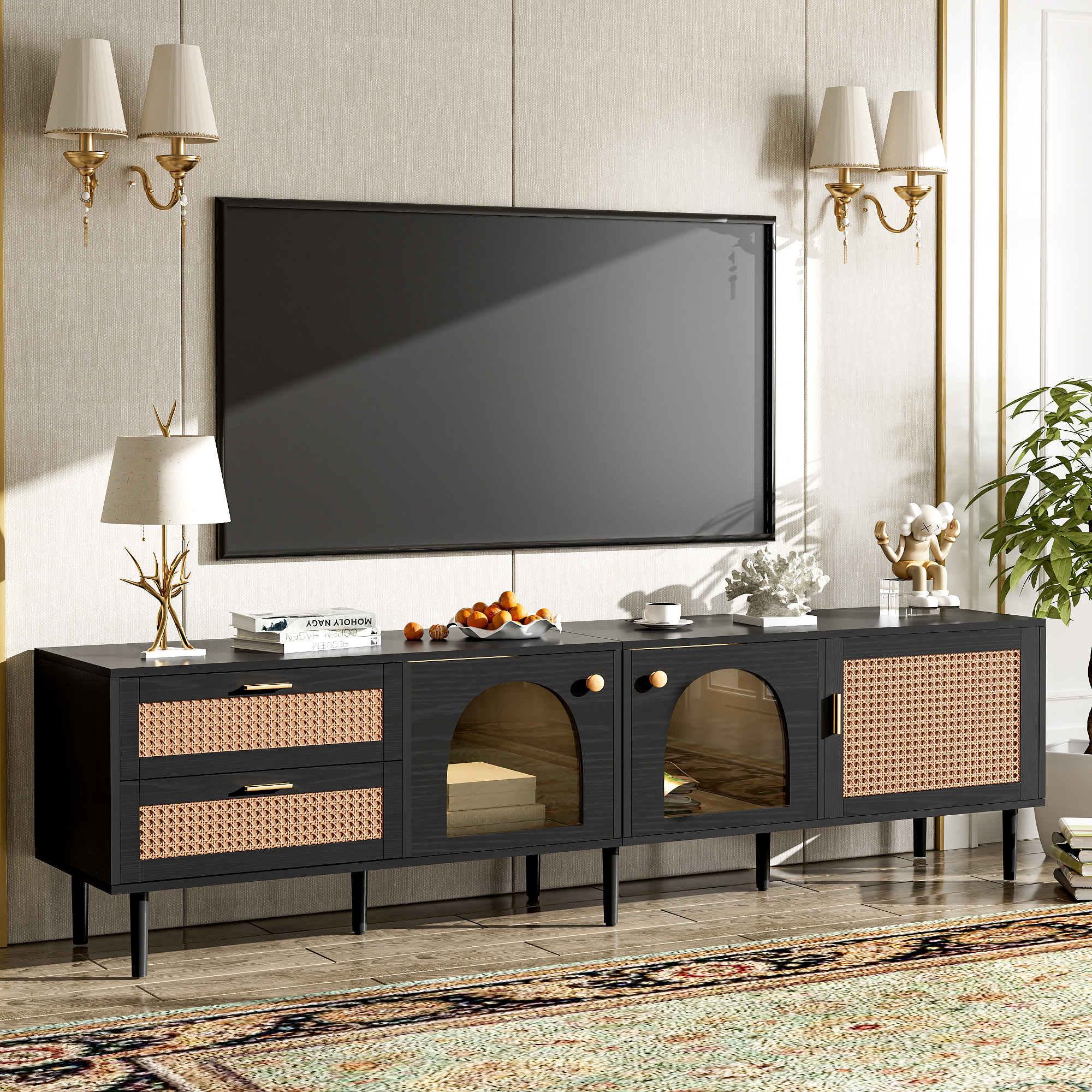 Euroco Rattan TV Stand for TVs up to 80", 70.8" Media Console with Drawers and Cabinets, Boho Entertainment Center with Storage, Sturdy Wooden TV Cabinet for Living Room, Natural Finish