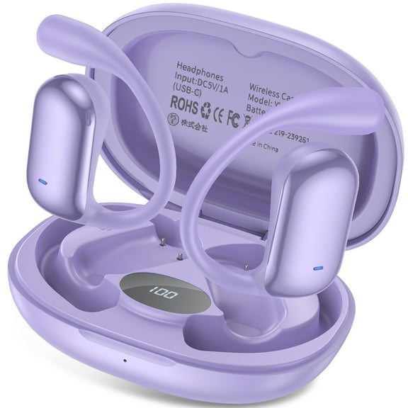 Wireless Earbuds,Bluetooth 5.4 Headphones for iPhone Android 90Hrs Playtime IPX7 Waterproof Open-Ear Stereo Earphones Headset Noise Cancelling True Wireless Earbuds w/ Ear Hooks&Charging Case,Purple