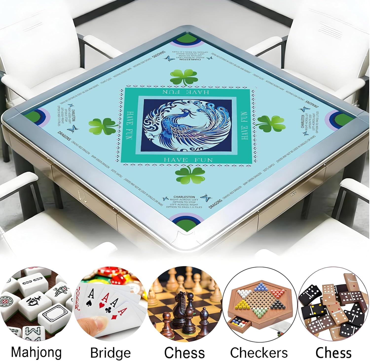 Mahjong Mat Non-Slip 31.5x31.5 Inch | Noise Reduction Game Table Mat with Carrying Bag - for Mahjong, Board Games, Dominoes, Poker Cards, Tabletop Gaming（Blue/Peacock）