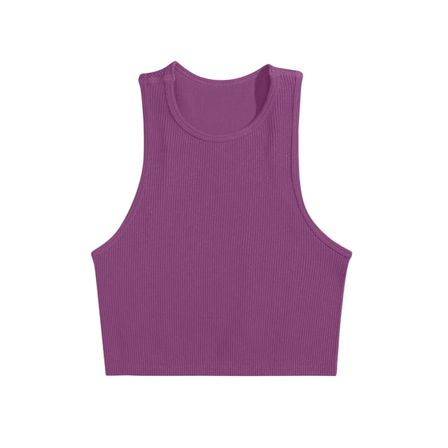 Penkiiy Women's Ribbed Knit Sleeveless Round Neck Slim Fitted Basic Crop Tank Top S Purple