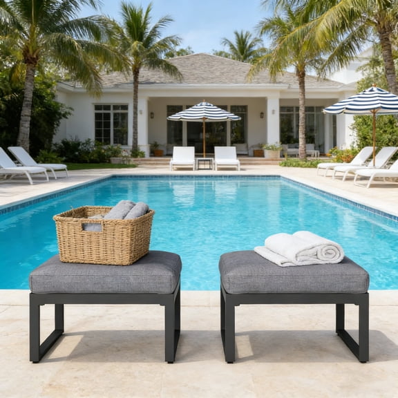 KIOOTTO Outdoor Ottoman Set of 2 with Gray Cushions and Black Frames